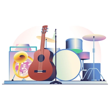 An array of musical instruments is displayed on stage. In the center, there is a shiny acoustic guitar with a deep brown finish leaning against a music stand. To the left, a polished brass trumpet glistens under the stage lights, its bell facing upwards. On the right, a complete drum set features a large bass drum with a vivid logo and chrome cymbals glinting. The floor is wooden, adding warmth to the setting, and amplifiers are positioned behind the instruments, ready for performance. The backdrop is adorned with soft, colorful stage drapes, enhancing the lively atmosphere.