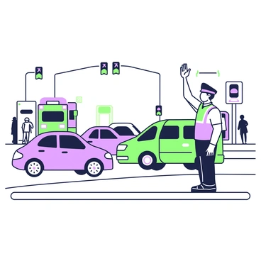 A traffic officer is standing at a busy intersection, actively directing vehicles with clear hand signals. The officer is wearing a uniform with a bright reflective vest. In front of the officer, several vehicles are lined up, including cars and buses. The intersection has traffic lights visible in the background, and pedestrians are waiting on the sidewalks. The scene captures the dynamic nature of traffic management, with the officer’s arm raised to signal a stop, while some vehicles are preparing to turn.