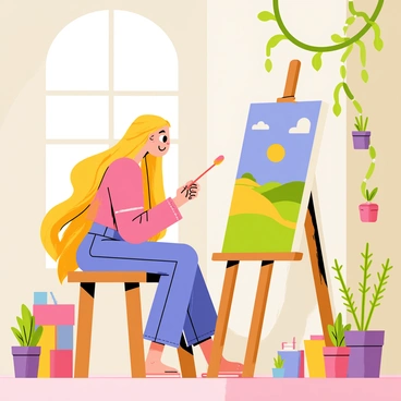 Rapunzel is sitting on a wooden stool in her tower room, surrounded by various art supplies. She holds a paintbrush in her hand, focused on a large canvas propped up in front of her. The canvas displays a colorful landscape with rolling hills and a bright blue sky. Her long, flowing golden hair cascades down the side of the tower, while a few strands swirl around her face as she concentrates on her painting. The room is adorned with climbing vines and small potted plants, creating a cozy atmosphere. Sunlight streams through a window, illuminating the vibrant colors of her artwork.