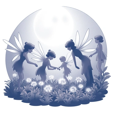 Several fairies with delicate, twinkling wings are actively tending to a lush garden bathed in moonlight. The fairies are engaged in various tasks, such as gently watering the plants and pruning the leaves. The garden is filled with an assortment of glowing plants, each emitting a soft luminescence. Moonlight filters through the leaves, casting intricate shadows on the ground, while the fairies' wings shimmer as they move gracefully among the vibrant flora.