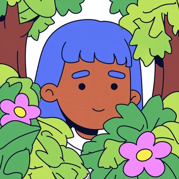 A close-up of "Durga's face" partially hidden among lush green leaves and colorful flowers. Her expression is serene, with vibrant details in her features. The background showcases tall trees with deep brown trunks and various shades of green foliage, creating a lively forest scene. Sunlight filters through the leaves, casting dappled shadows on her face, enhancing the natural setting.