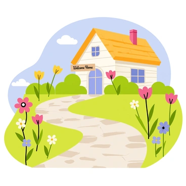 A winding garden pathway made of cobblestones, flanked by a variety of colorful flowers such as pink daisies, yellow tulips, and purple pansies. The flowers have cheerful expressions, adding to their cuteness. At the end of the pathway, a charming cottage with a thatched roof and white wooden walls is nestled among green bushes. A small wooden sign reading "Welcome Home" hangs on the cottage door. A blue sky with fluffy white clouds adds a lively backdrop to the scene.