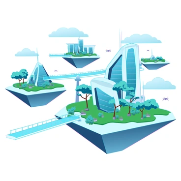 A futuristic city composed of multiple floating islands, each uniquely shaped and exhibiting vibrant greenery. These islands are interconnected by sleek, ethereal bridges that appear to shimmer in the sunlight. The islands feature modern architecture with smooth lines and large glass facades reflecting the clouds above. Lush vegetation and trees grow on the islands, providing a stark contrast to the innovative structures. Small drones can be seen zipping between the islands, highlighting the advanced technology utilized in this AI-designed environment. The sky is bright, with a few fluffy clouds scattered, adding depth to the scene.
