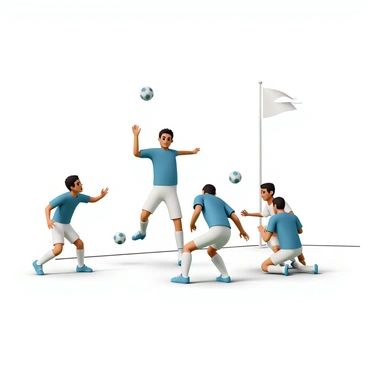 A group of soccer players, wearing vibrant team uniforms in blue and white, are gathered in the penalty area, intensely focused. One player, in a blue jersey, is leaping into the air, reaching out with one arm extended, while another player, in white, is crouched low, ready to defend. In the background, a corner flag is visible, fluttering in the wind, as a ball is approaching from the corner of the field, poised to be delivered. The expressions on the players' faces exhibit a mix of determination and anticipation as they prepare for the incoming play.