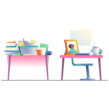 Two office desks are placed side by side in a well-lit room. The first desk is cluttered with an assortment of work items, including stacks of papers, a laptop, a coffee mug, and various stationery items like pens and sticky notes. The second desk is mostly empty, with only a small family photo frame standing upright, featuring a happy family portrait. The photo frame has a wooden finish, and the background shows a light-colored wall. The space around the desks is tidy, emphasizing the contrast between the chaotic work desk and the serene, minimalist second desk.