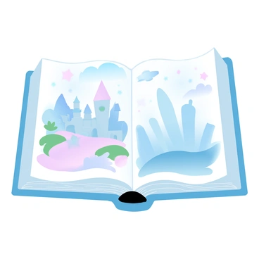 An open book is placed on a wooden table. One page features a beautifully illustrated landscape with a castle and magical creatures, depicting a fairy tale scene. The other page shows a futuristic city skyline with sleek buildings and spaceships, representing a sci-fi story. Soft, gradient pastel colors fill the illustrations, enhancing the whimsical and imaginative elements of both stories. The book's spine is slightly bent, suggesting that it has been read multiple times.