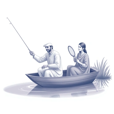A Maharashtrian couple is seated in a small wooden boat that gently floats on the surface of a lake. The man, wearing a traditional kurta and a cap, is focused on casting his fishing line into the water. Beside him, the woman is holding a fishing net, poised to catch any fish that may come close. Surrounding them are hints of lush greenery along the lake's edge, with ripples in the water reflecting their presence. The atmosphere conveys a sense of tranquility as they enjoy their time together in this fishing endeavor.