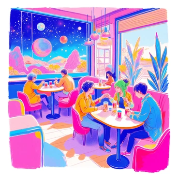 An alien-themed café is filled with various patrons enjoying their time. The interior features oversized, colorful furniture shaped like fantastical creatures. A large mural of a cosmic landscape covers one wall, displaying distant planets and swirling galaxies. Patrons are seated at tables, sipping on "colorful drinks" served in unique glasses. Neon lights in vibrant hues illuminate the space, casting a glow on the diverse group of people, including a person with green hair and another wearing a futuristic outfit. Extraterrestrial decorations and whimsical art pieces add to the playful atmosphere of the café.