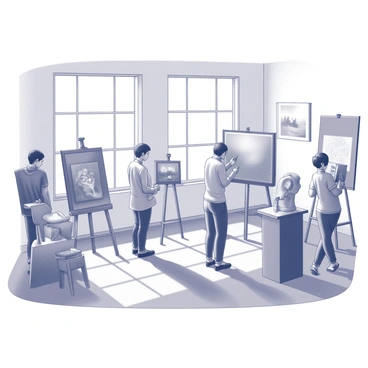 Several artists are arranging their artworks within a cozy indoor art gallery. The room features a series of white walls where various paintings and sculptures are being positioned. One artist is adjusting the height of a framed painting while another is examining the placement of a wooden sculpture on a pedestal. Sunlight streams through large windows, illuminating the warm wooden floor and creating a welcoming atmosphere. The artists are engaged in conversation, discussing the layout and presentation of their pieces, while an array of easels and art supplies are scattered around the space.