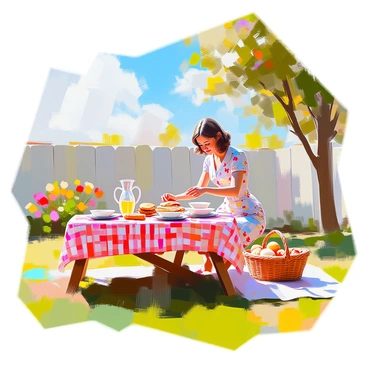 A vintage housewife with wavy, shoulder-length hair and wearing a floral dress is setting up a picnic table in a sunny backyard. The table is covered with a classic red and white gingham cloth, and she is arranging plates and utensils on it. The backyard features lush green grass, colorful flowers, and a few trees casting dappled shadows around the scene. A wicker basket filled with sandwiches and snacks is placed on one side of the table, along with a pitcher of lemonade. In the background, there is a bright blue sky dotted with a few fluffy white clouds.
