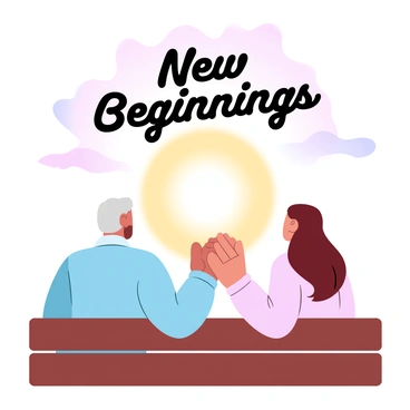 An elderly couple is seated on a wooden bench, gazing towards a vibrant sunrise that fills the sky with gradient pastel colors. The man is wearing a light blue sweater, while the woman is dressed in a soft pink cardigan. Their hands are clasped together, symbolizing connection and companionship. Above the couple, in elegant font, the words "New Beginnings" are prominently displayed against the backdrop of the sunrise. The scene captures a moment of tranquility and hope as the sun rises on the horizon.