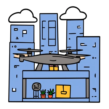 A futuristic drone with sleek, metallic design and flashing lights is hovering in front of a high-rise apartment balcony. The drone has multiple rotors and a small package secured beneath it. The balcony is adorned with potted plants and a modern outdoor chair. In the background, tall glass buildings reach into the sky, showcasing a vibrant cityscape. The scene is set during the day, with a clear blue sky and a few fluffy clouds.