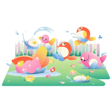 A whimsical garden is filled with colorful sculptures of "Magikarp" in various poses. Some sculptures are splashing water, while others are flipping joyfully in the air. The garden features vibrant flowers in shades of pink, yellow, and purple surrounding the sculptures. Green grass carpets the ground, and a few butterflies flutter around, adding to the playful atmosphere. In the background, a wooden fence painted in pastel colors encloses the garden, enhancing its charming feel.
