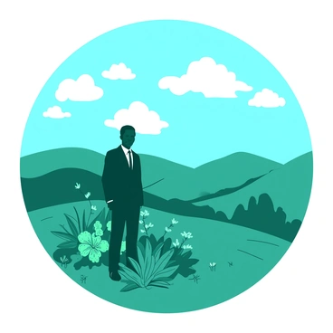 A teal landscape features rolling hills and a bright blue sky. In the foreground, there is a statue of "Nelson Mandela" standing proudly, wearing a black suit. Surrounding the statue are vibrant green plants and flowers. Above the landscape, "images of his ancestors" are depicted as soft white clouds shaped in various forms, gently floating in the blue sky. The scene conveys a sense of connection to history and heritage, with the landscape providing a peaceful backdrop.