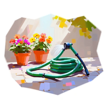 A garden hose lies on a gravel path, twisted and tangled in numerous knots. The hose is green with a glossy finish, and the knots create a chaotic arrangement that prevents any flow of water. Nearby, flowerpots with colorful blooms of red geraniums and yellow marigolds contrast with the disarray of the hose. Sunlight filters through the leaves of a nearby tree, casting dappled shadows on the ground, highlighting the frustration of attempting to water the plants with the hose in such a tangled state.