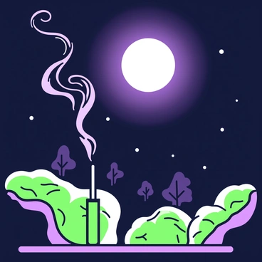 A dark night scene is depicted with a glowing full moon hanging in the sky. The moonlight casts a soft illumination over the surrounding area, highlighting the atmosphere. In the foreground, wisps of cigarette smoke curl upwards, catching the light and creating delicate shapes in the air. The smoke appears ethereal as it mingles with the cool night air, providing a sense of calm and tranquility in the composition. The background is filled with faint outlines of trees, adding depth to the scene without overpowering it.