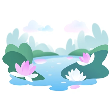 A collection of vibrant lotus flowers in various shades of pink, white, and purple are floating on the surface of a pond. The pond is surrounded by lush greenery, with large, broad leaves poking out of the water. In the background, there are blurred silhouettes of trees framing the scene. The sky is a soft gradient of pastel colors, suggesting a calm atmosphere. The reflections of the lotus flowers shimmer on the water's surface, creating a delicate interplay of colors.