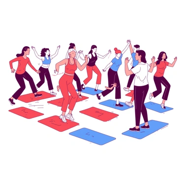 A group of individuals is engaged in an aerobics class, showcasing their rhythmic footwork. Each participant is dressed in colorful workout attire, with a mix of red and blue clothing. The instructor is positioned at the front, demonstrating a series of energetic dance steps. The floor is marked with large, bright lines that help guide the movements. Brightly colored mats are placed in front of each participant as they follow the instructor's lead, lifting their feet in sync to the beat of the music. The atmosphere is filled with energy as everyone moves in harmony, creating a lively scene of fitness and enthusiasm.