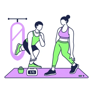 Two friends are engaged in a bicycle crunch challenge on a gym mat. One friend has short hair and is wearing a green tank top and black shorts, while the other has long hair tied in a ponytail, dressed in a purple sports bra and green leggings. They are positioned side by side, both performing the exercise with focused expressions on their faces. Each person has a small digital counter in front of them, displaying the number of repetitions they have completed. The background features a mirror reflecting their efforts along with a few gym weights placed nearby.