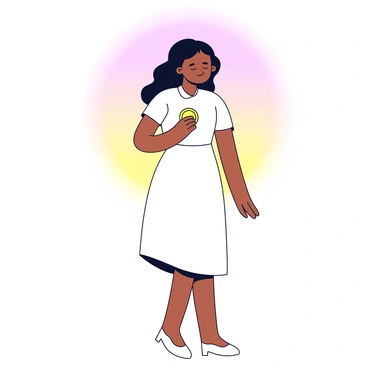 A woman standing with her eyes closed, holding a shiny coin in her hand. She has long, flowing hair and is wearing a simple white dress. A soft, gentle light radiates around her, creating a warm glow. The background is minimalistic, emphasizing her tranquil expression and the coin she has found.
