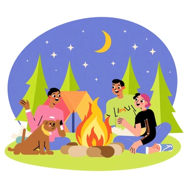 A family camping trip scene with a group of four people sitting around a campfire. The campfire is crackling with orange and yellow flames, casting a warm glow. A happy brown dog is sitting beside them, wagging its tail. Above, a clear night sky is filled with twinkling stars and a bright crescent moon. In the background, there are tall green trees and a colorful tent set up on the ground. The family's laughter and joy can be felt in the atmosphere.