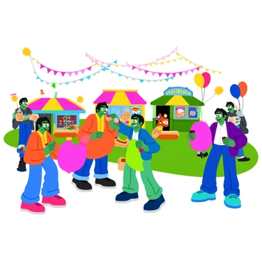 A vibrant scene featuring several zombies gathered around colorful food stalls, each stall offering a variety of delicious treats. The zombies are depicted in various playful poses, some reaching for bright, oversized cotton candy while others munch on hot dogs with exaggerated expressions of delight. In the background, carnival games like ring toss and dart throwing are set up, with a zombie enthusiastically aiming to win a plush toy. Decorative lights and colorful banners hang from the stalls, creating a lively atmosphere. A few balloons float in the air, adding to the festive feel of the event.