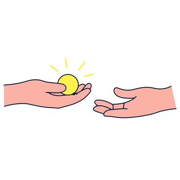 Two hands extending towards each other in a gentle manner. One hand is offering a small, luminous orb that emits a soft glow, casting light onto the skin. The hands are depicted with defined fingers and are situated against a simple background, emphasizing the interaction between them. The orb is perfectly round and appears to radiate warmth, symbolizing connection and offering.