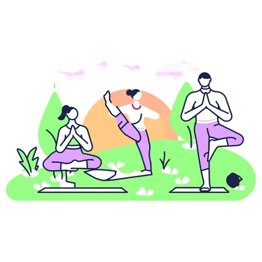 An outdoor yoga class is taking place at sunrise. The scene is filled with participants in various yoga poses, such as downward dog, tree pose, and warrior pose. Each participant is dressed in comfortable athletic wear, and they are positioned on yoga mats arranged on a grassy area. In the background, the sky is transitioning from dark to light, with hints of orange and soft purple emerging as the sun rises. A few trees and plants are visible around the class, adding to the natural setting. The participants exhibit focus and concentration as they engage in their practice.