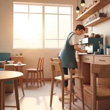 A cozy cafe interior bathed in warm early morning light. A barista, wearing a dark blue apron over a white shirt, is focused on brewing coffee at an espresso machine. The barista has short brown hair and a slight smile, surrounded by shelves filled with coffee beans and a display of pastries. Tables and chairs made of rustic wood are scattered throughout the space, some with empty coffee cups left behind from the previous day. A large window reveals a gentle golden sunrise, casting soft shadows across the floor. The inviting aroma of freshly brewed coffee fills the air.