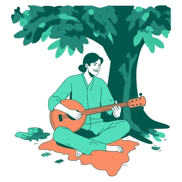 A teal musician is sitting cross-legged on the ground under a large, leafy tree. The musician is smiling while playing a beautifully crafted orange sitar, with intricate designs on its body. Sunlight filters through the tree's branches, creating dappled light patterns on the ground around the musician. There are a few scattered leaves and a small orange carpet underneath, enhancing the peaceful atmosphere of the scene.
