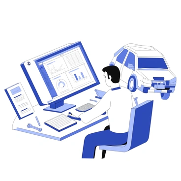 A car technician is seated at a workbench with a computer in front of him. The computer screen displays various diagnostic tools and graphs related to vehicle electronic systems. The technician, wearing a work uniform, is focused on the screen, with one hand poised over the keyboard. Surrounding him are various tools, such as wrenches and screwdrivers, along with open car service manuals. In the background, a partially disassembled vehicle is visible, highlighting the technician's work environment.