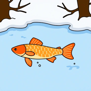 A colorful fish with shimmering scales glides gracefully through clear water beneath a thin layer of ice. The ice above is smooth and patterned, reflecting a cool blue hue. The pond is surrounded by dark brown tree branches that extend over the edge, casting shadows onto the water. Small bubbles rise from the fish as it moves, creating tiny ripples in the water. The fish’s fins are spread wide, showcasing intricate details as it navigates beneath the ice.