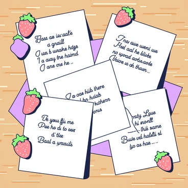 A collection of sheets of paper is arranged on a wooden surface. Each sheet features neatly written haikus in elegant script. On the top right corner of each sheet, there is a small strawberry embellishment, detailed with green leaves and tiny seeds. The papers are slightly scattered, some overlapping, and a couple are positioned at an angle, adding to the dynamic layout. A gentle light casts soft shadows across the scene, highlighting the texture of the paper and the vibrant strawberries.