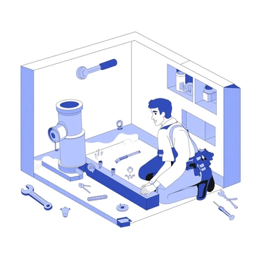 A technician repairing a sump pump in a well-lit basement, tools scattered around.