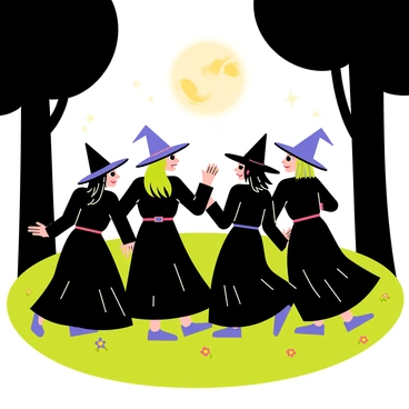 A group of five witches dressed in flowing black robes are dancing in a circle under a bright full moon. Each witch has a unique pointed hat, and their hair flows freely behind them. The clearing is surrounded by tall, dark trees that frame the scene. Soft, glowing orbs of light hover above the witches, illuminating their faces as they twirl and raise their arms, casting playful shadows on the ground. The grass beneath them is lush and green, and small flowers dot the landscape around their feet.