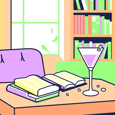 A coupe glass filled with an espresso martini is placed on a wooden table. The glass has a smooth, elegant shape with a wide bowl and a thin stem. On the surface of the cocktail, a few coffee beans float. Surrounding the glass, there are several open books with yellowed pages, their covers resting on the table. Light filters in from a nearby window, illuminating the warm wooden tones of the café. In the background, bookshelves filled with various books create a cozy atmosphere. A plush armchair sits adjacent to the table, inviting patrons to relax and enjoy their beverages.