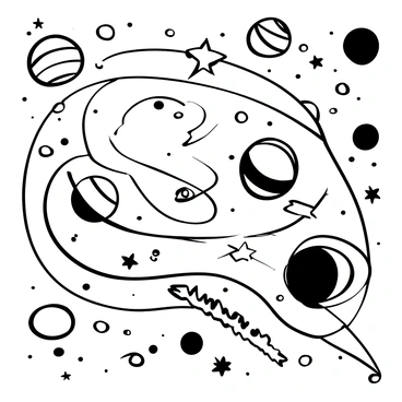 A detailed "galaxy" composed of swirling lines, depicting multiple "stars" scattered throughout. Several "planets" are illustrated with distinct circular shapes, each with varying sizes and patterns. The overall composition showcases a dynamic movement of lines, creating an engaging flow that connects the stars and planets.