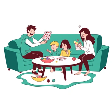 A teal living room features a cozy sofa and a soft white rug on the floor. In the center, a round white coffee table is surrounded by a family of four, all engaged in a game of bingo. The father, with short brown hair, holds a bingo card and is smiling excitedly. The mother, with long black hair, is reaching for a handful of colorful bingo chips. A young boy with curly blonde hair sits beside her, looking at his card with concentration. The little girl, with pigtails, happily raises her hand, signaling she has a bingo. A few colorful bingo balls are scattered around the table, and a vibrant bowl of snacks sits nearby.