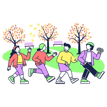 A group of children is running through a park, laughing joyfully. Each child is wearing a colorful outfit, with one child in a bright red jacket, another in a yellow sweater, and a third in a green hat. The park is filled with trees shedding their leaves, creating a carpet of orange and brown foliage on the ground. In the background, there are benches and a path winding through the trees, enhancing the lively atmosphere of the scene. One child is jumping, trying to catch a leaf mid-air, while another is holding a handful of leaves, ready to throw them up.