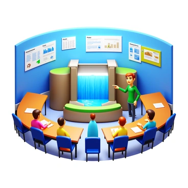 A classroom with wooden desks arranged in a semi-circle. A teacher stands next to a large model dam on a table, pointing towards it with an engaging expression. The model dam is detailed, showing water flowing over it with a small riverbed below. Charts and diagrams about hydropower are displayed on the walls, depicting the process of energy generation. Students sit attentively, some taking notes, while others look curiously at the model. Bright overhead lights illuminate the scene, highlighting the vibrant colors of the materials used in the model.