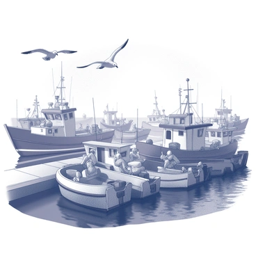 A busy harbor at dawn, filled with activity. Several fishing boats are docked, their hulls shaped for functionality and designed for the sea. Some boats are tied to the pier, while others are preparing to set out for the day. Seagulls are flying overhead, their wings spread wide as they glide above the water. The harbor is bustling with fishermen unloading their catches and preparing their gear. The sky is transitioning from darkness to light, with the early morning sun beginning to illuminate the scene.