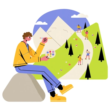 An artist with curly brown hair is seated on a large, gray rock. They are holding a palette with various colors in one hand and a paintbrush in the other. The artist is focused on creating a colorful illustration of hikers on a mountain trail. In the background, there is a winding path leading up the mountainside, lined with tall green trees and patches of colorful wildflowers. Several hikers, dressed in bright clothing, are visible along the trail, some stopping to take pictures. The sky is a vivid blue with a few fluffy white clouds drifting by.
