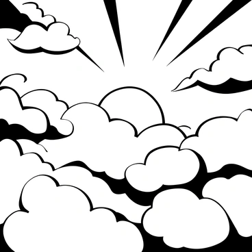 Thick, gray clouds fill the sky, with the sun partially visible as it peeks through them. Rays of light extend outward from the sun, illuminating the surrounding clouds. The scene depicts a dramatic interplay of light and shadow among the billowing formations in the sky. The overall composition captures a moment of transition between storminess and clarity.