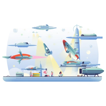 A busy spaceport is depicted with various spacecraft in the process of taking off and landing. The spaceport features metallic structures and platforms, with several ships in different sizes, some glowing with engine lights. The background is filled with a starry sky showcasing distant celestial bodies. On the surface, ground personnel are visible, coordinating the movement of ships and managing cargo. Bright navigation lights illuminate the area, creating a dynamic ambiance amidst the bustling activity.