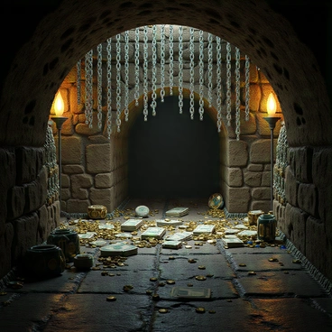 An underground dungeon with stone walls and an uneven, damp floor. The atmosphere is dimly lit with flickering torches casting shadows on the walls. The dungeon is filled with chains, intricately crafted, made entirely of interconnected dollar bills, creating a surreal contrast against the rough stone. The chains hang from the ceiling and drape across the space, some piled on the floor in disarray. Scattered throughout the dungeon are various treasures, such as gold coins and jewels, glimmering in the low light. The overall scene conveys a sense of hidden wealth and mystery.