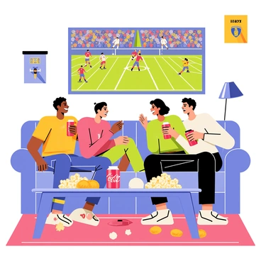 A group of four friends sitting together on a comfortable couch, each holding a silver "Coke" can. They are all smiling and cheering enthusiastically as they watch a football game on a large flat-screen TV mounted on the wall. The TV screen displays vivid action from the game, with players in colorful uniforms. In the foreground, there are scattered popcorn and snacks on a coffee table. The room is decorated with team posters and a football-themed rug on the floor.