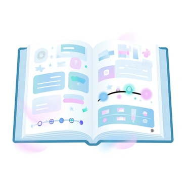 A book is opened, revealing pages filled with illustrations that depict the journey of a brand's development. The first page shows a simple logo sketch with notes and ideas surrounding it. The next page displays a vibrant mood board filled with color swatches, typography samples, and inspirational images that capture the essence of the brand. Further along, there are illustrated milestones showing the evolution of the logo over time, with each version presented alongside its corresponding design elements. Another page features a detailed timeline showcasing key events in the brand's history, marked with iconic visuals representing product launches and marketing campaigns. The final page reveals a collage of brand imagery, including packaging designs and advertisements, all surrounded by a soft gradient pastel background.