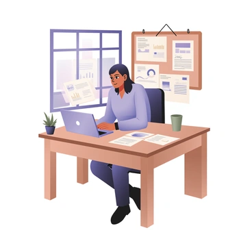 A Tata AIA sales agent is seated at a wooden desk in a home office setting. The agent has medium skin and short black hair, wearing a light blue shirt and dark trousers. The laptop in front of them is open, displaying graphs and charts relevant to sales figures. Surrounding the laptop are several sheets of paper with handwritten notes and printed reports. A small potted plant is placed on the left side of the desk, while a wall behind the agent has a bulletin board filled with pinned documents and reminders. A comfortable chair and a window providing natural light complete the scene.