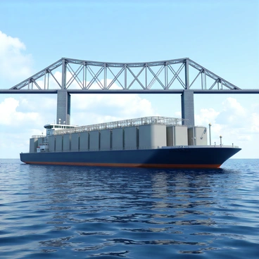 A large tank barge with a dark blue hull is gliding through the water, its surface reflecting the sunlight. The barge is equipped with several large cylindrical tanks on top, showcasing various labels and safety markings. Above it, a towering steel bridge with a lattice design spans across the water, its massive support beams and trusses creating a striking contrast. The sky is clear with a few fluffy white clouds, enhancing the scene's brightness. The water below is rippling gently, created by the movement of the barge.