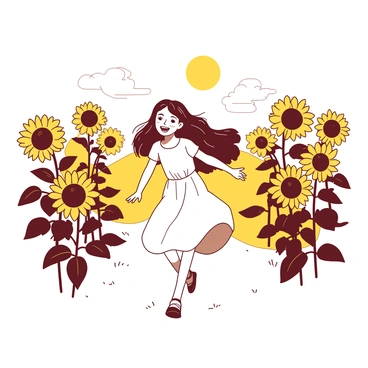 A girl with long flowing hair is smiling as she runs through a field filled with tall sunflowers. The sunflowers are bright yellow, their large heads bending slightly with the breeze. The sun is shining brightly overhead, casting warm light across the scene. The girl is wearing a light-colored dress that flutters as she moves. Her arms are outstretched, and she appears joyful amidst the vibrant flowers. The sky is clear, adding to the cheerful atmosphere of the setting.